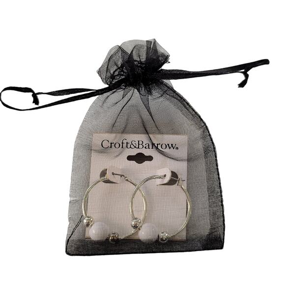 Croft & Barrow Hoop Earrings White Beads Silver Tone Pierced, Gift Bag 1.5 in - Picture 6 of 8